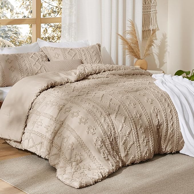 Bedsure Tufted Boho Comforter Set Oversized King - Khaki Boho Bed Set, GentleSoft™ 3 Pieces Farmhouse Shabby Chic Embroidery Bedding, Gifts for Woman, Soft Jacquard Comforter for All Seasons