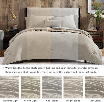 Geniospin Full Comforter Set - 7 Pieces Comforter Full Size, Solid Bedding Sets for All Season, Textured Bed in a Bag with Flat Sheet and Fitted Sheet, Pillowcases and Shams (Ivory, 80''x90'')