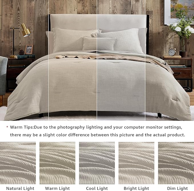 Geniospin King Size Comforter Set- 7 Piece Ivory Textured King Bedding Set, Soft Solid Bed in a Bag for All Season, King Comforter Set with Sheets(Ivory,102''x90'')