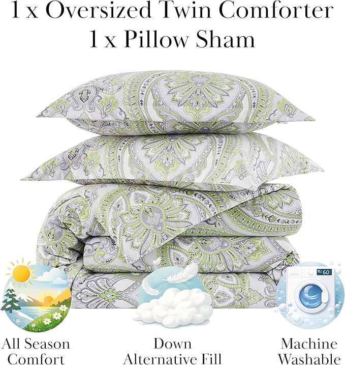 Southshore Fine Living, Inc. Twin Extra Long Comforter Set, Down Alternative Boho Bedding Set, Paisley Print Bedspread, Boho Comforter Twin/XL Size with Matching Pillow Sham, Pure Melody Green