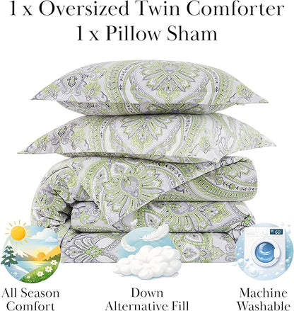 Southshore Fine Living, Inc. Twin Extra Long Comforter Set, Down Alternative Boho Bedding Set, Paisley Print Bedspread, Boho Comforter Twin/XL Size with Matching Pillow Sham, Pure Melody Green