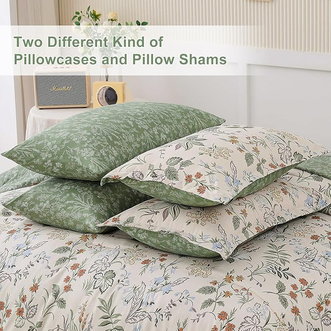 WONGS BEDDING Floral Comforter Set King Size,7 Pieces Bed in a Bag Flower Bedding Sets Botanical Microfiber Comforter Soft Loghtweight Bed Set with Sheet,Pillowcases&Shams