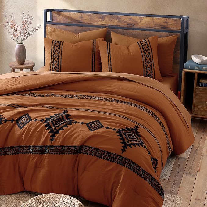 MaiRêve Super King Comforter Set Burnt Orange, Embroidery Western Boho Bedding Set 7 Pieces, All Season Farmhouse Bed in A Bag Comforter Set with Sheets, Pillowcases & Shams