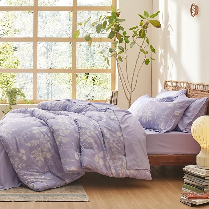 Bedsure Twin Comforter Set - 5 Pieces Floral Lavender Soft Bedding Sets, Twin Bed in a Bag with Botanical Flowers Comforter, Sheets, Pillowcase & Sham