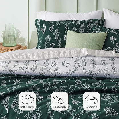 Bedsure Full Comforter Set - Emerald Bed Set, 3 Pieces Cute Floral Bedding, 1 Soft Reversible Botanical Flowers Comforter and 2 Pillow Shams