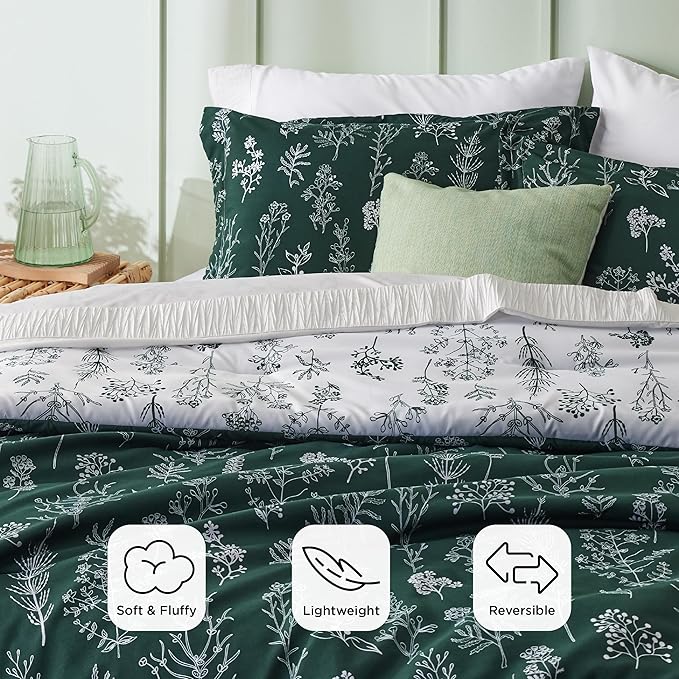 Bedsure King Comforter Set - Emerald Bed Set, 3 Pieces Cute Floral Bedding, 1 Soft Reversible Botanical Flowers Comforter and 2 Pillow Shams
