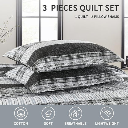 Homzard Quilts Queen Size - Black and White Queen Comforter Set, 100% Cotton Black Grey Striped Bedding Set, Lightweight Reversible Bedspread Set, 3 Piece All Season