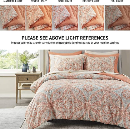 Comfort Spaces Bed in A Bag - Trendy Casual Design Cozy Comforter with Complete Sheet Set with Side Pocket, All Season Cover, Matching Shams, King(104"x90"), Gloria, Damask Coral 9 Piece