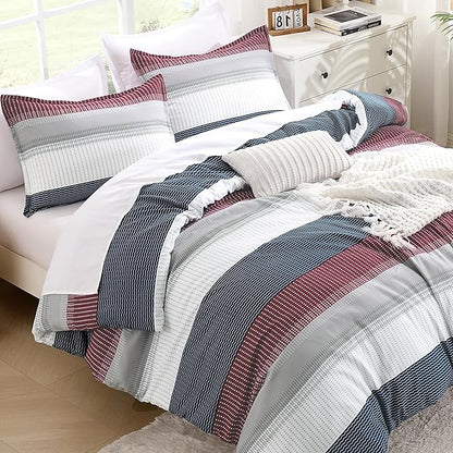 Litanika Comforter Set California King Size Red Blue - 3 Pieces Lightweight Colorblock Stripe Fluffy Bedding Comforter Sets, All Season Bed Set