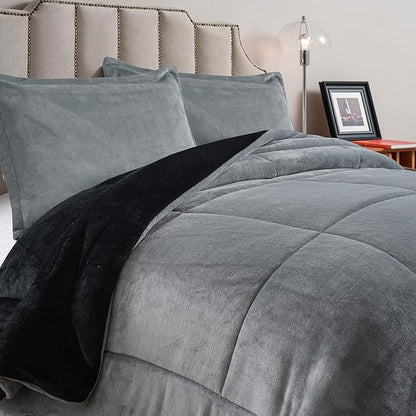 Petrichor Velvet Flannel Queen Comforter Set- Gray and Black Blanket,Luxury Fuzzy Heavy Bedding Set, 3 Pieces Plush Winter Bed Set with Comforter (90"x90") & 2 Pillow Shams (20"x26")