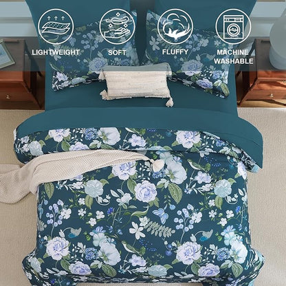 Anibedding 7Pieces Floral King Size Comforter Set, Garden Plant Flower Style Bed in a Bag Blue Bedding Comforter Set with Pillow Case for Bedroom