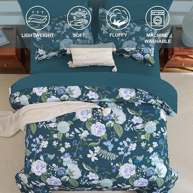 Anibedding 7Pieces Floral Queen Size Comforter Set, Garden Plant Flower Style Bed in a Bag Blue Bedding Comforter Set with Pillow Case for Bedroom