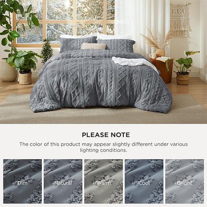 Bedsure Tufted Boho Comforter Set King Size - Grey Boho Bed Set, GentleSoft™ 3 Pieces Farmhouse Shabby Chic Embroidery Bedding, Gifts for Woman, Soft Jacquard King Comforter for All Seasons