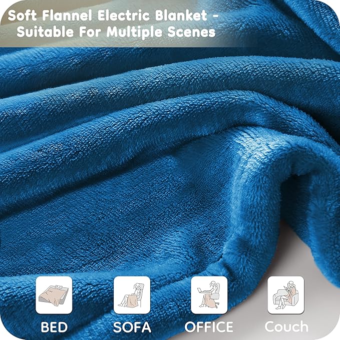 Electric Heated Blanket Twin Size 62"×84", Breathable & Luxurious Flannel, Soft Warm Gift with Over-Heat Protection, 4 Heating Levels & 10 H Auto Shut Off, Machine Washable, Lake Blue