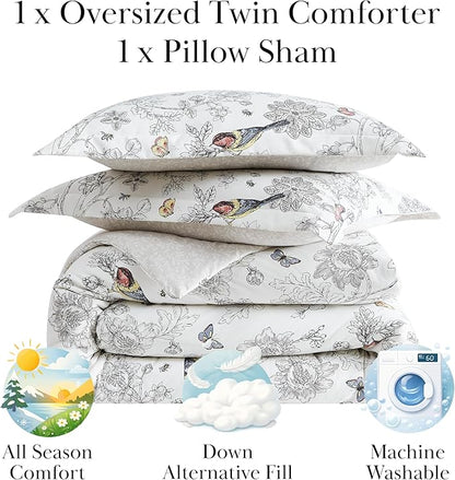 Southshore Fine Living, Inc. 2-Piece Twin Size Comforter Set, Floral Comforter Set Twin XL with Pillow Sham, Artistic Birds and Flowers, Down Alternative, XL/Twin Bedding Set, Bayberry