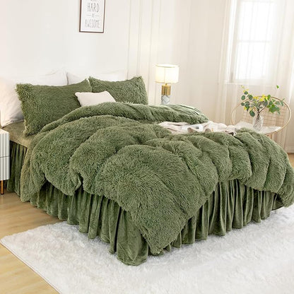 Andency Faux Fur Sage Green Comforter Set Full Size, 3 Pieces Fluffy Fuzzy Plush Bedding Comforter Set (1 Shaggy Velvet Comforter & 2 Pillowcases), Soft Puffy Comfy Down Comforter Bedding Set