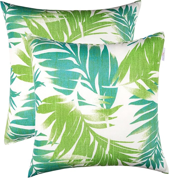 JMGBird Outdoor Pillows Set of 2 with Inserts - 18x18 Waterproof Throw Pillows for Patio Furniture, White Blue Palm Leaf Decorative Cushions