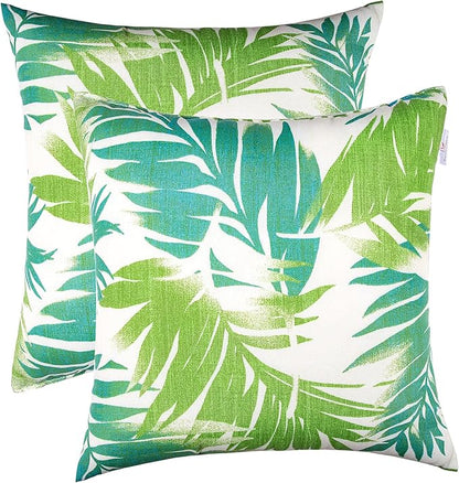 JMGBird Outdoor Pillows Set of 2 with Inserts - 18x18 Waterproof Throw Pillows for Patio Furniture, White Blue Palm Leaf Decorative Cushions