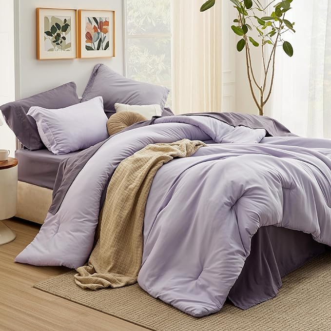 Bedsure Oversized Queen Comforter Set - 7 Pieces Lavender Oversized Queen Bedding Set for All Seasons, Boho Contrasting Design Bed in a Bag with Comforter, Sheets, Pillowcases & Shams