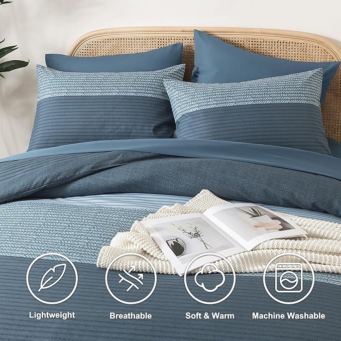 Andency King Size Comforter Set Haze Blue - 7 Pieces Striped Lightweight Bed in a Bag, Soft Microfiber Reversible Bedding Set with Comforter, Fitted & Flat Sheet, Pillowcases & Shams