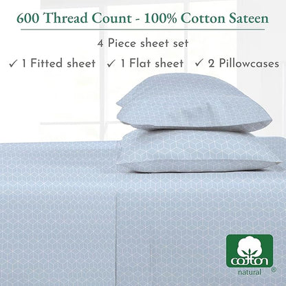 California Design Den King Size Sheet Set - 100% Cotton, 600 Thread Count, Deep Pocket King Sheets, Premium-Feel Bedding with Sateen Weave - Urban Geometric Print