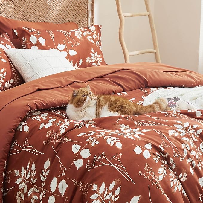 Bedsure Full Size Comforter Set - 7 Pieces Floral Terracotta Soft Bedding Sets, Full Bed in a Bag with Botanical Flowers Comforter, Sheets, Pillowcases & Shams