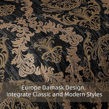 WONGS BEDDING Black Comforter Set Queen Size, Gold Damask Texture 7 Pieces Bed in a Bag Microfiber Comforter Bedding Sets -1 Comforter, 1 Flat Sheet, 1 Fitted Sheet, 2 Pillow Shams, 2 Pillowcases