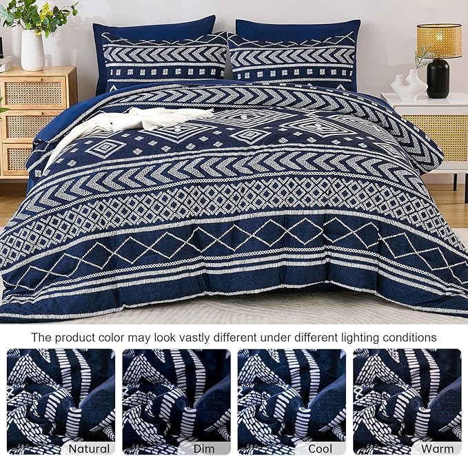 Yiran Navy Blue Comforter Set Queen Size, 7 Piece Boho Striped Bedding Set, Geometric Bed in a Bag Queen, Soft Microfiber Bohemian Complete Bedding Set with Sheets for All Season