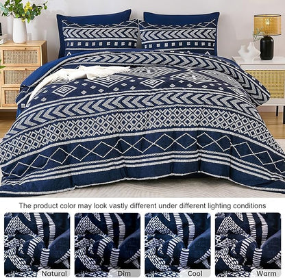 Yiran Navy Blue Comforter Set Queen Size, 7 Piece Boho Striped Bedding Set, Geometric Bed in a Bag Queen, Soft Microfiber Bohemian Complete Bedding Set with Sheets for All Season