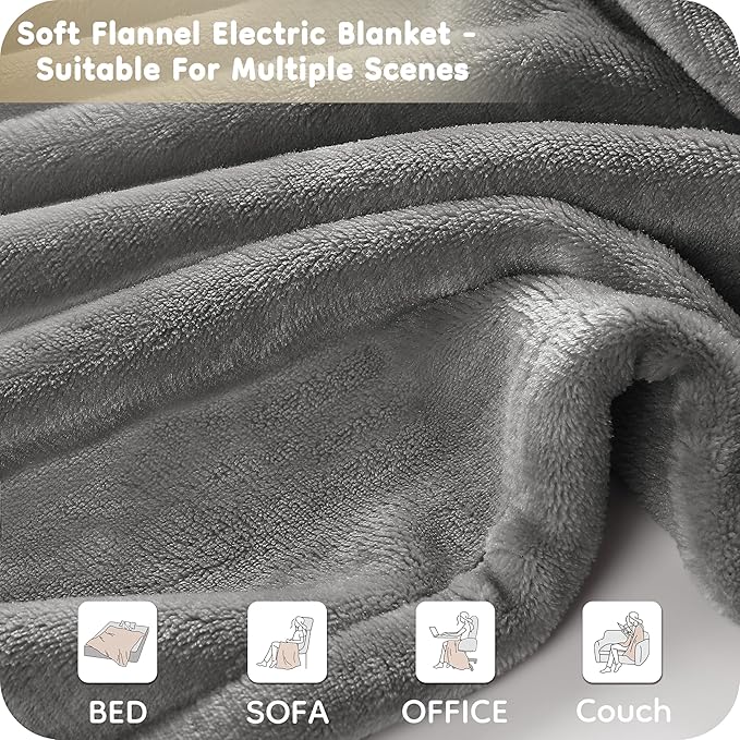 Electric Heated Blanket Twin Size 62"×84", Breathable & Luxurious Flannel, Soft Warm Gift with Over-Heat Protection, 4 Heating Levels & 10 H Auto Shut Off, Machine Washable, Light Grey