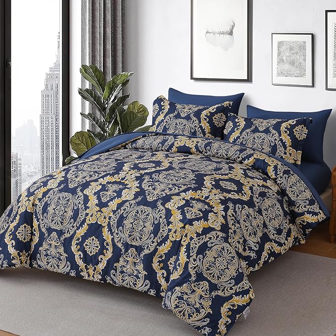 WONGS BEDDING Blue Gold Comforter Set King Size, Damask Texture 7 Pieces Bed in a Bag Microfiber Comforter Bedding Sets -1 Comforter, 1 Flat Sheet, 1 Fitted Sheet, 2 Pillow Shams, 2 Pillowcases