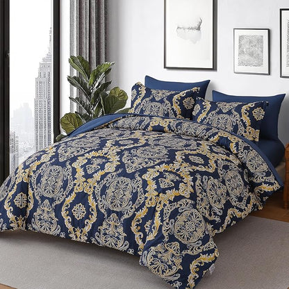 WONGS BEDDING Blue Gold Comforter Set King Size, Damask Texture 7 Pieces Bed in a Bag Microfiber Comforter Bedding Sets -1 Comforter, 1 Flat Sheet, 1 Fitted Sheet, 2 Pillow Shams, 2 Pillowcases
