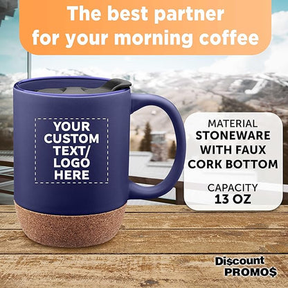 Custom Barista Ceramic Mugs with Cork Bottom 13 oz Set of 12/36/72 Personalized Bulk Pack Perfect for Coffee Tea Espresso Hot Cocoa Other Beverages - Blue