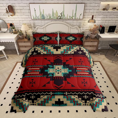 Western Bedding Comforter Set Full Size,America Southwest Aztec Tribal Quilted Duvet 3pcs for Teens Kids Girls Women Bedroom Decor,Rustic Red Brown Duvet Insert with 2 Pillowcases