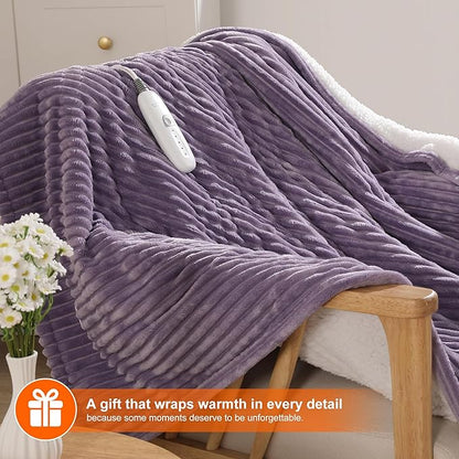 King Size Heated Blanket, Electric Blanket with Dual Controls, 5 Heat Settings, 10-Hour Auto Off, Cozy Striped Flannel & Sherpa, FCC/ETL Certified,Lavender Purple