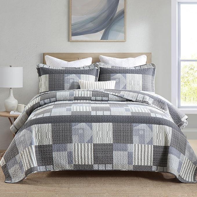 Homzard Grey Comforter Set,Cotton Plaid Striped Quilts Queen Size for The Bed,Reversible Geometric Queen Size Bedspread with 2 Pillow Shams,Lightweight 3 Piece Bedding All Season