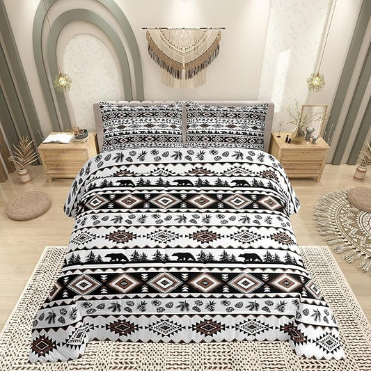 Western Aztec Print Bed Comforter Set Queen Size,Geometric Brown Striped Super Soft Microfiber Bedding Set for Adults Teens,Bear Plant Exotic Boho Abstract Art Comforter Set,2 Pillowcases