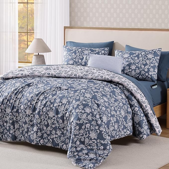 Queen Comforter Set -7 Pieces Floral Oxford Blue Comforter Set for All Seasons, Bed in a Bag Queen with Botanical Flowers Comforter, Sheets, Pillowcases & Shams