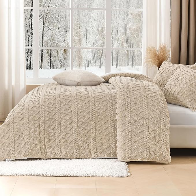 Andency Fluffy Sherpa King Comforter Set, Super Soft Beige Fleece Warm Bedding for Winter, Luxury Jacquard Boho Thick Fuzzy Plush Bed Set 3 Pieces(1 Shaggy Comforter, 2 Pillowcases)