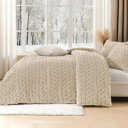 Andency Fluffy Sherpa King Comforter Set, Super Soft Beige Fleece Warm Bedding for Winter, Luxury Jacquard Boho Thick Fuzzy Plush Bed Set 3 Pieces(1 Shaggy Comforter, 2 Pillowcases)