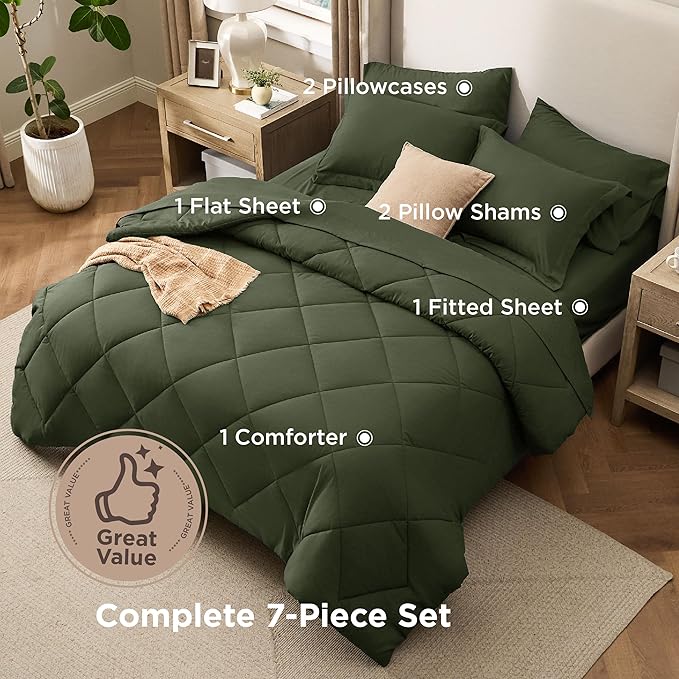 Bedsure 7 Pieces Queen Comforter Set Premium Series, Hotel Luxury Soft Bed in a Bag, Goose Down Alternative, Safe for Sensitive Skin Bedding Comforter All Season Medium Warmth, Olive Green Queen Size