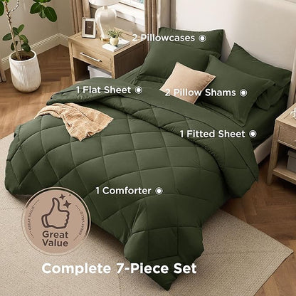 Bedsure 7 Pieces Full Comforter Set Premium Series, Hotel Luxury Soft Bed in a Bag, Goose Down Alternative, Safe for Sensitive Skin Bedding Comforter All Season Medium Warmth, Olive Green Full Size