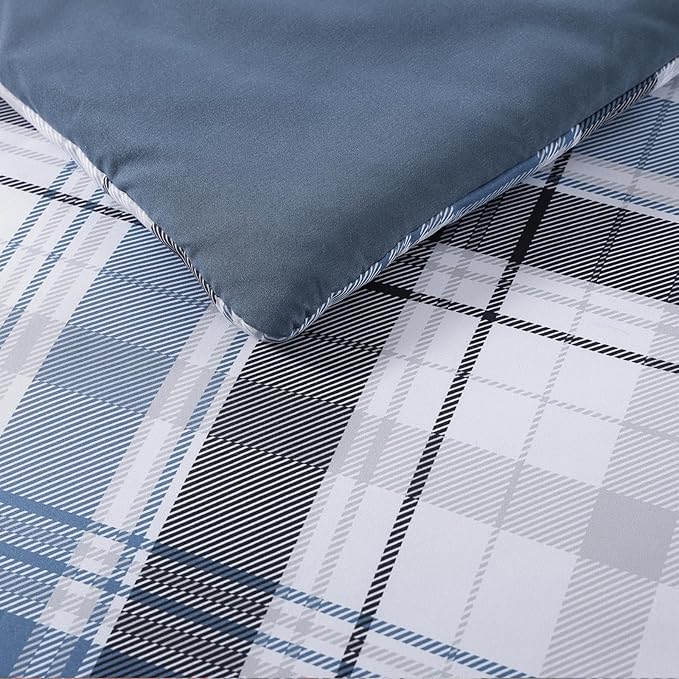 MaiRêve Full Size Plaid Comforter Set Lake Blue, Classic 7 Pieces Farmhouse Bedding Set, All Season Lightweight Bed in A Bag with Sheets, Pillowcases & Shams