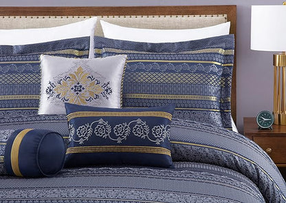 Chezmoi Collection Rio 7-Piece King Jacquard Comforter Set - Blue Gold Floral Geometric Damask Woven Bedding Set