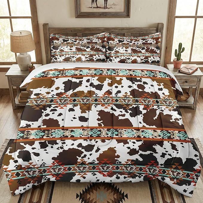 King Size Comforter Set with 2 Pillowcases, Vintage Brown Cow Cowhide 3 Pcs Bedding for Kids and Adults, Retro Western Animal Print Soft Comforter Set for Bedroom Bed Decor