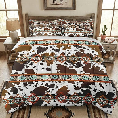 King Size Comforter Set with 2 Pillowcases, Vintage Brown Cow Cowhide 3 Pcs Bedding for Kids and Adults, Retro Western Animal Print Soft Comforter Set for Bedroom Bed Decor