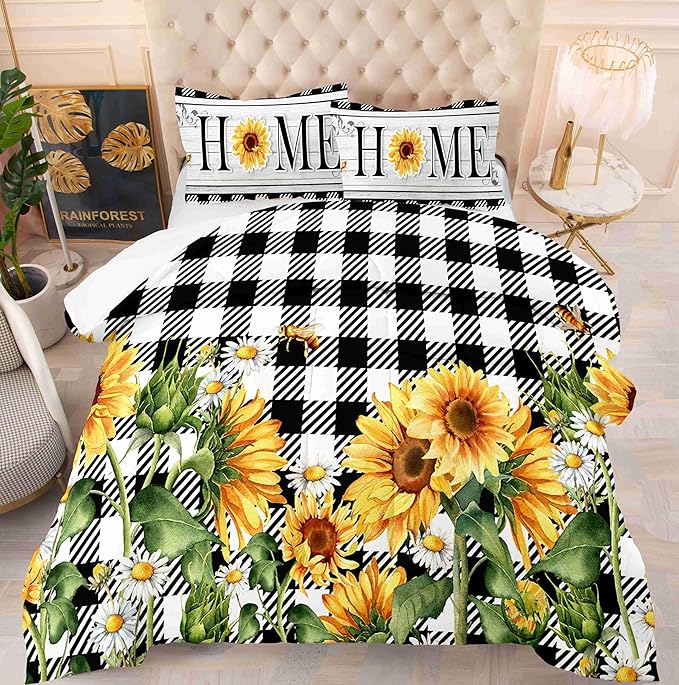 Spring Sunflower Comforter Set King Size Black and White Buffalo Plaid Printed Quilt Bedding Set with 1 Comforter and 2 Pillow Covers for Bedroom Dormroom All Season