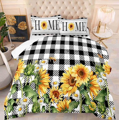 Spring Sunflower Comforter Set Queen Size Black and White Buffalo Plaid Printed Quilt Bedding Set with 1 Comforter and 2 Pillow Covers for Bedroom Dormroom All Season