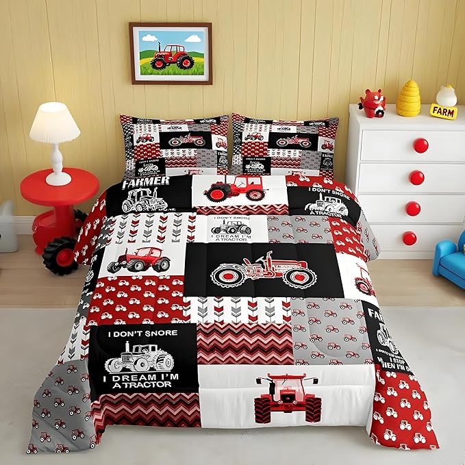 Feelyou Cartoon Tractor Comforter Set Farm Tractor Down Duvet for Kids Boys Toddler Vehicle Truck Bedding Set Harvester Excavator Comforter 1 Comforter Set with 2 Pillowcases Full Size