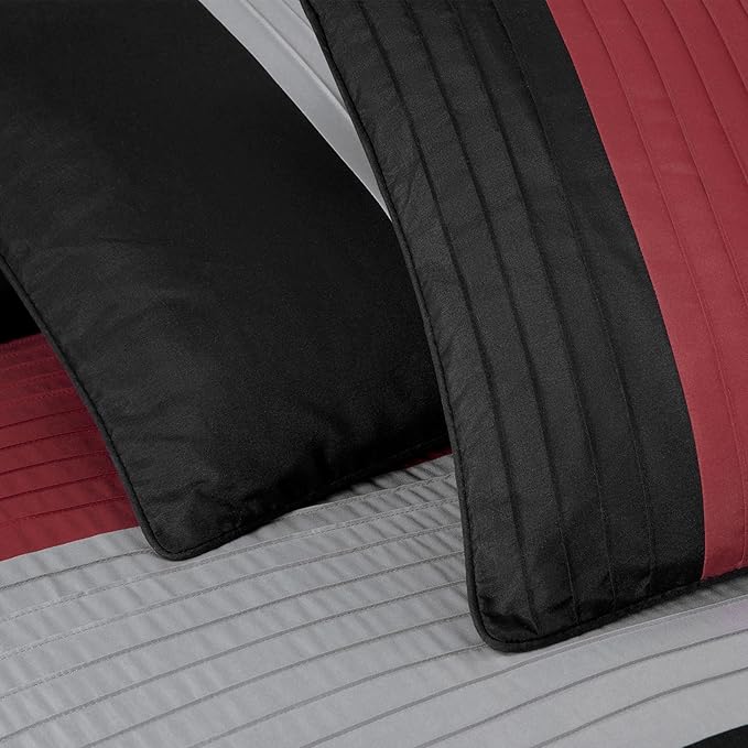Chezmoi Collection Briar 7-Piece California King Bed in a Bag - All Season Lightweight Microfiber Comforter Set - Includes Sheets & Shams - Red/Black/Gray Pleated Stripe Design